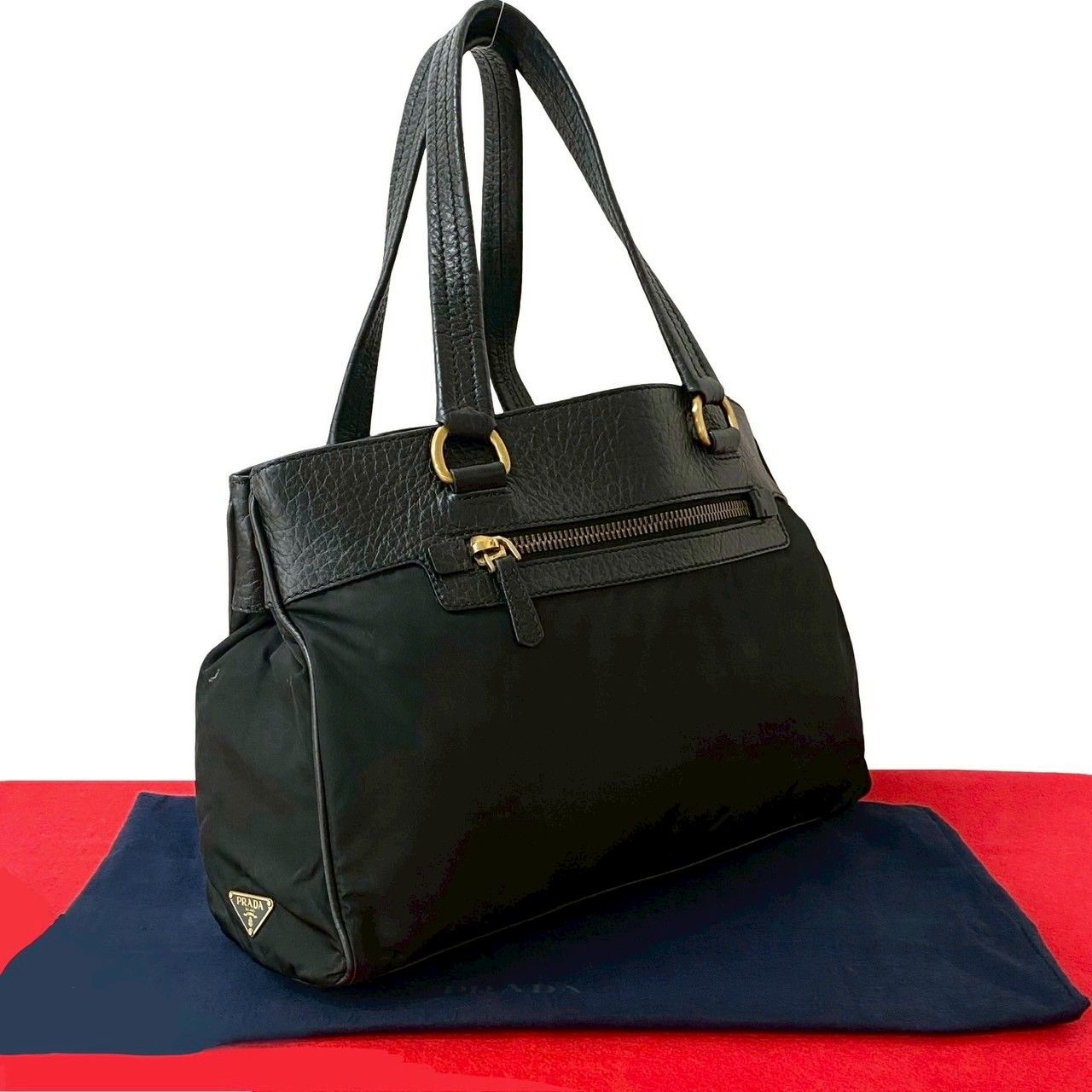 極 美品 希少品 保存袋付 PRADA プラダ 三角ロゴ 金具 レザー 本革 