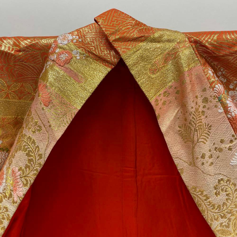 色打掛 正絹 鶴 刺繍 金 赤 打掛 Mサイズ 裄66.5 花嫁衣裳 婚礼