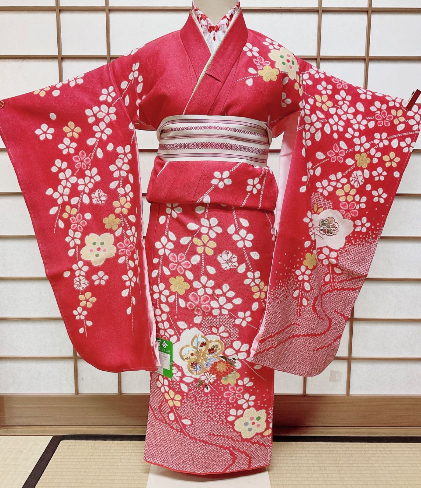 七五三 七歳用 四つ身 女の子晴れ着 正絹 描き疋田 絞り 刺繍 サーモン 