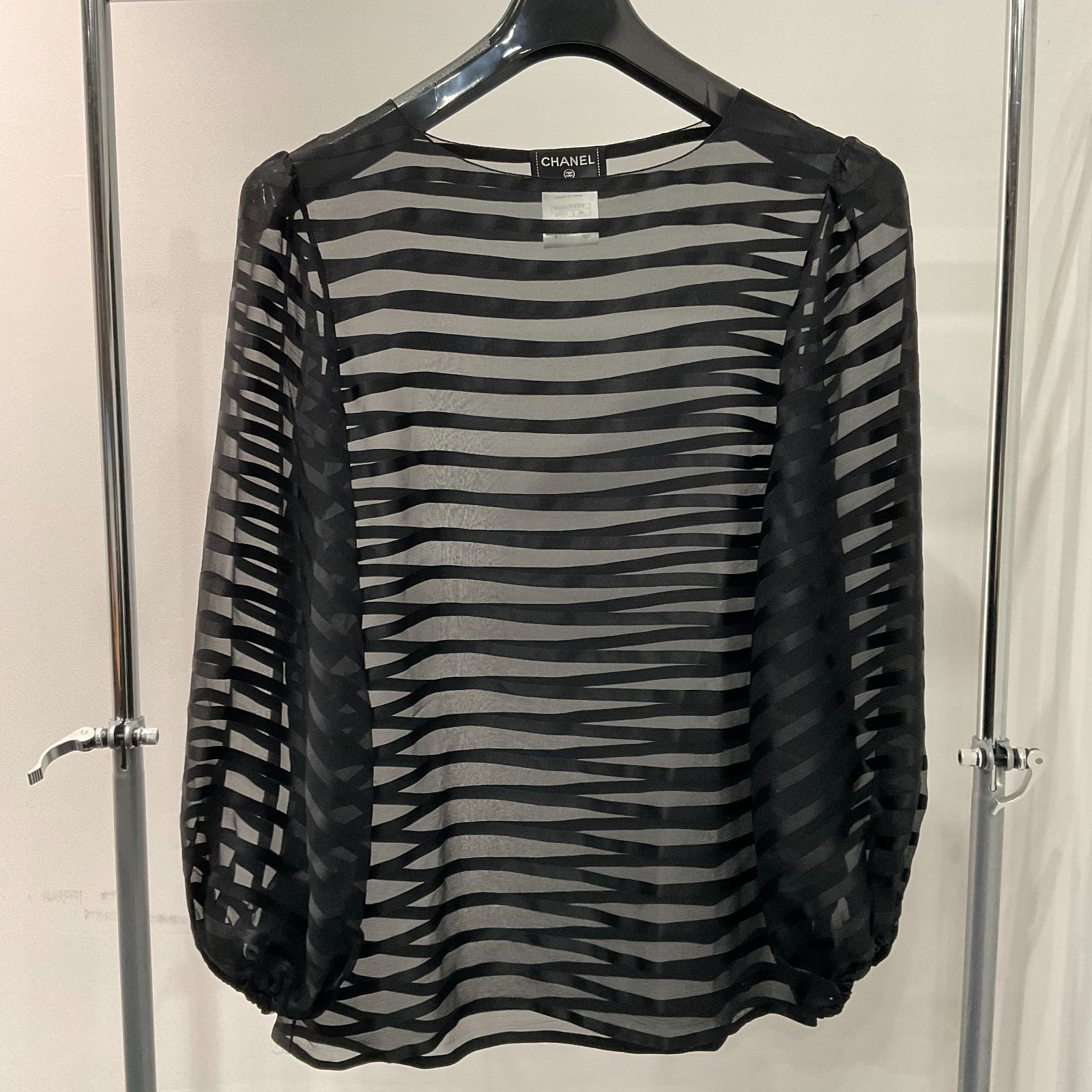 CHANEL 長袖カットソー シルク シースルーボーダー トップス ブラック D25081568