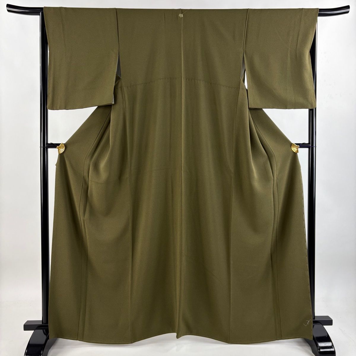 色無地 身丈165cm 裄丈66cm M 袷 地紋 茶緑色 正絹 秀品 一つ紋