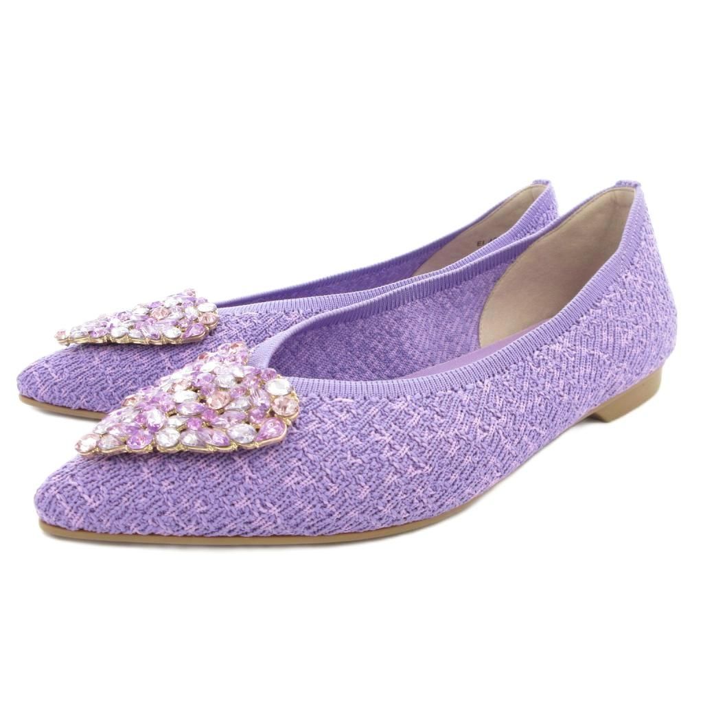 ダイアナ DIANA クムウ Cumuu ハートビジューパンプス フラットシューズ ニット 23.5cm 紫 パープル EI42815 GV