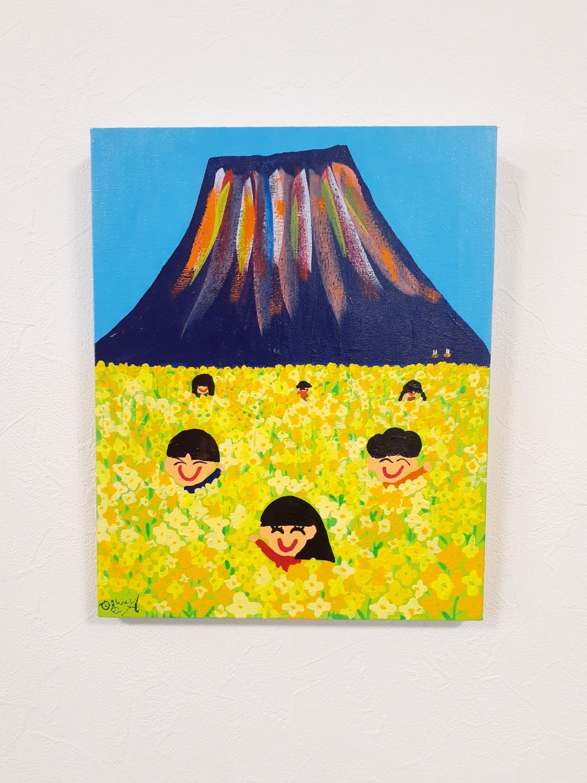 ハッピー太陽と菜の花 アクリルガッシュ F3号 画家 小楠アキコ作品-