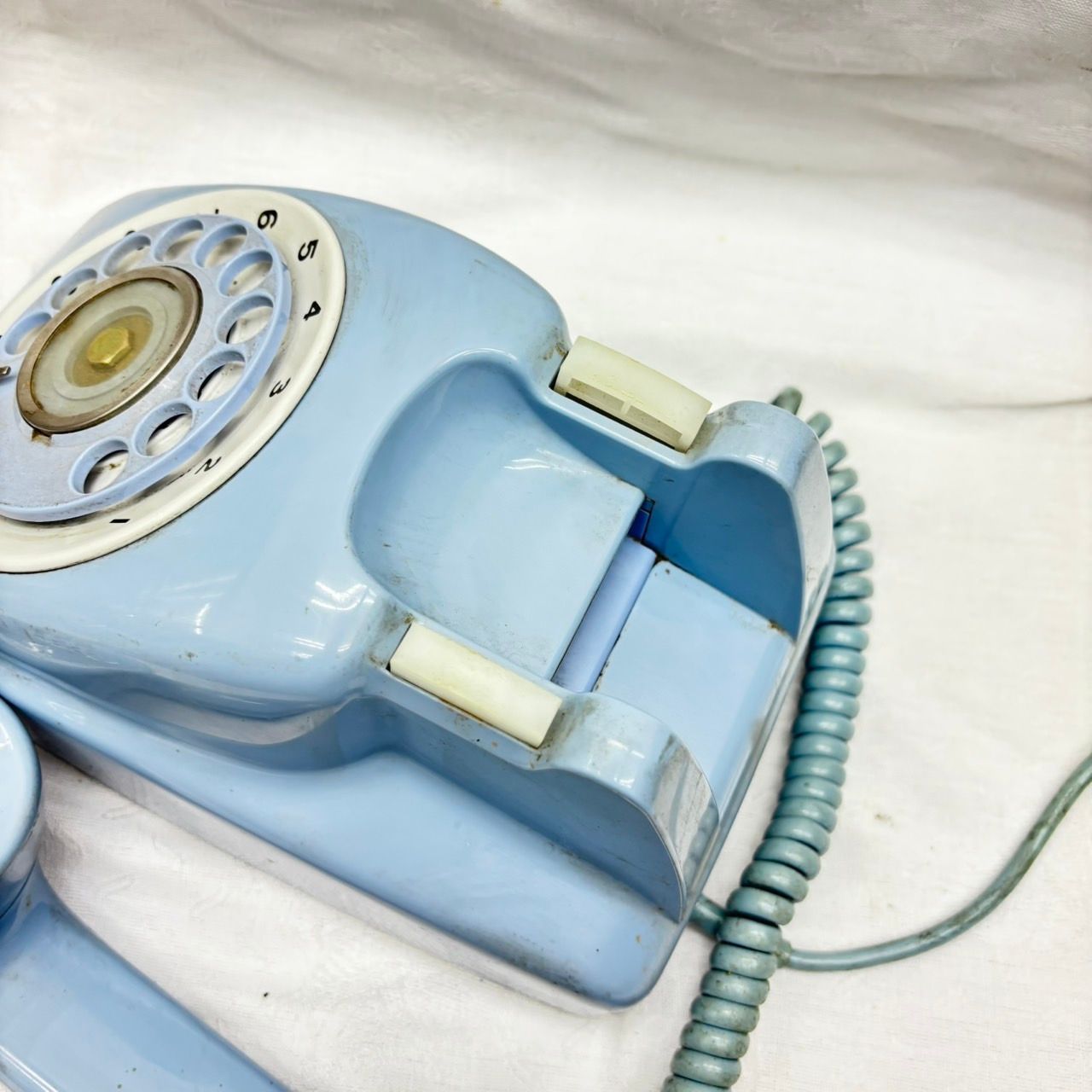 205 昭和レトロ電話 黒電話＆ブルー ダイヤル式電話機 アンティーク