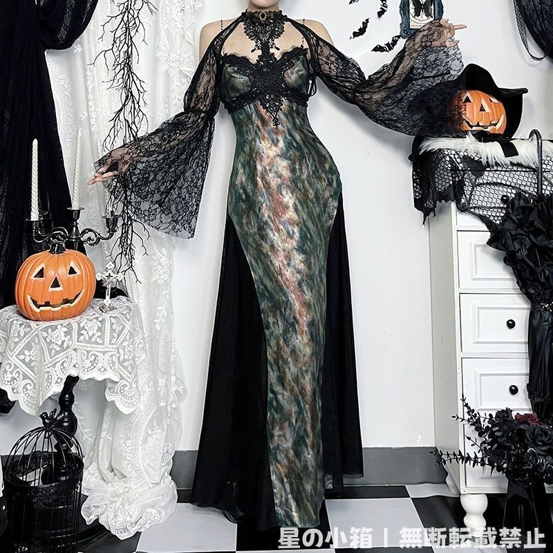 2026 新品 ゴシック暗黒系 ショルダーカバー付き マキシドレス スリム