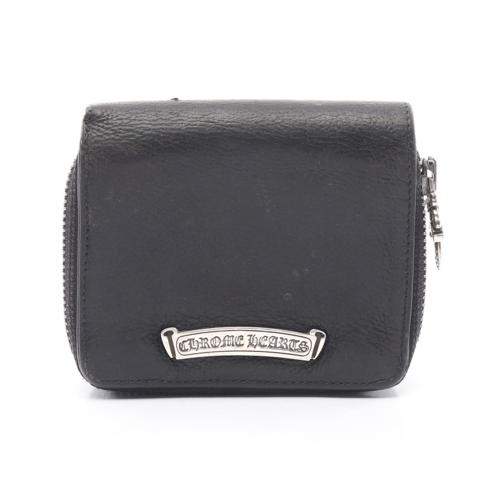 クロムハーツ CHROME HEARTS 二つ折り財布 スクエア ジップ ビル ラウンドジップ ウォレット ブラック レザー サイフ レディース Used B
