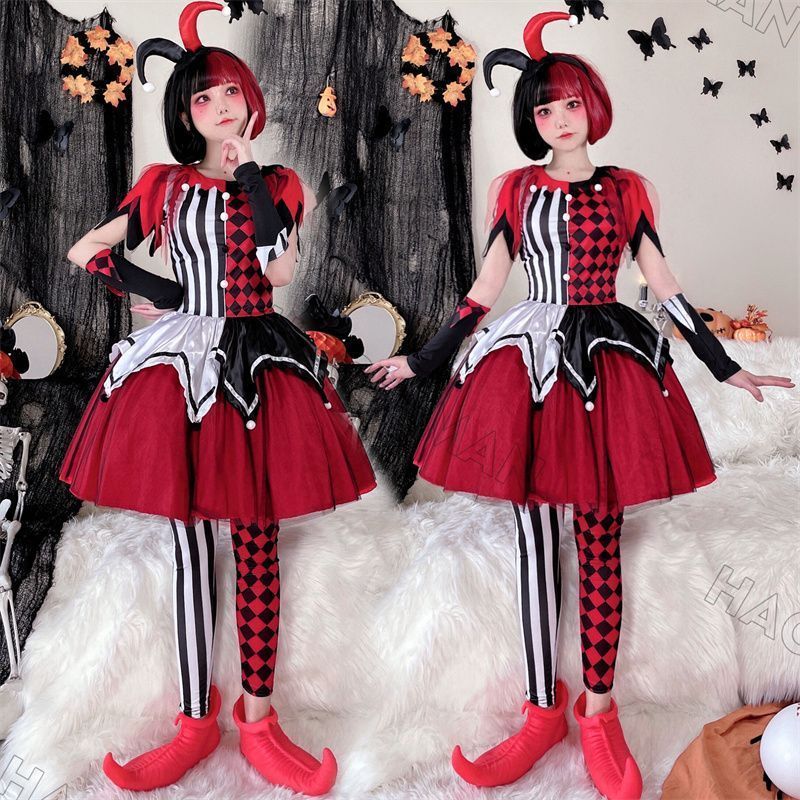 ピエロ コスプレ マジシャン 衣装 ハロウィン 仮装 大人 レディース 道化師 コスプレ おもしろ 大きいサイズ 赤 黒 ワンピース ピエロコスチューム パーティー サーカス イベント 学園祭 文化祭 発表会 お遊戯会 ステージ 演出服