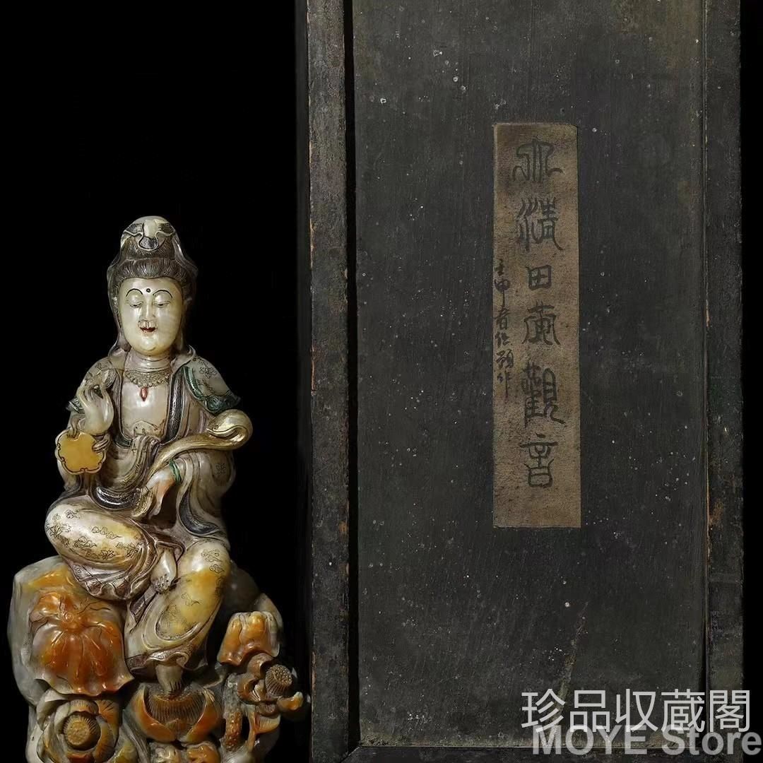 中国古美術 旧蔵寿山石彩絵 観音福 仏像 木 き 手彫り 文房具 風水