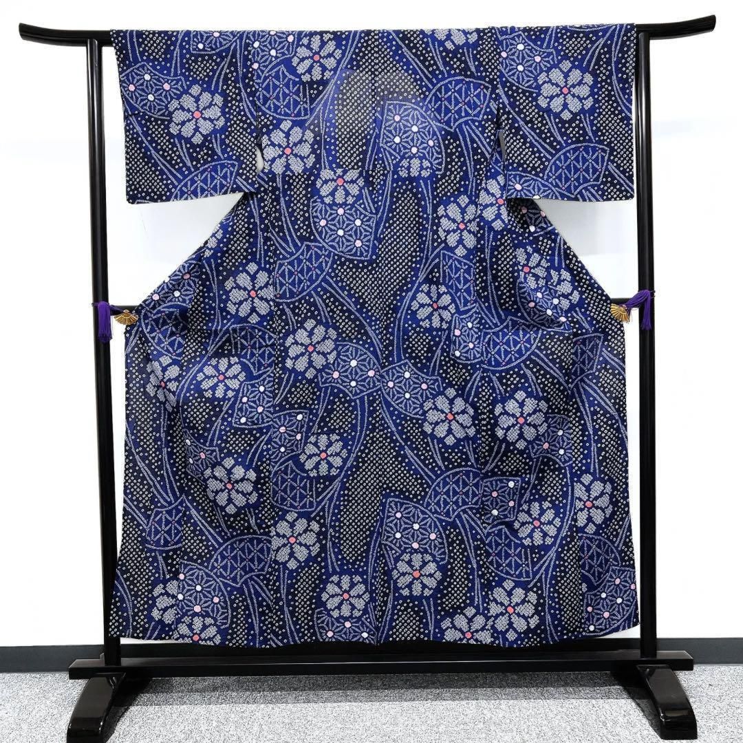 浴衣 有松鳴海絞り 菊 花模様 渦巻 ネイビー系 着物 054w 出向い d 