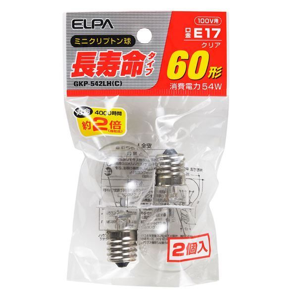 （まとめ） ELPA 長寿命ミニクリプトン球 電球 60W形 E17 クリア 2