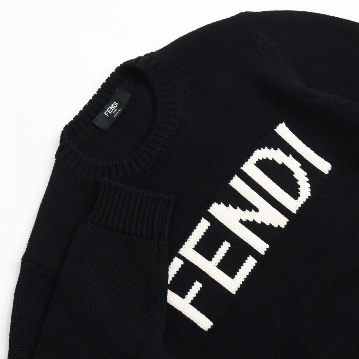 美品●2018年製 FENDI フェンディ FZZ387 ウール100％ ロゴインターシャ ニット/セーター ブラック×ホワイト 52 イタリア製 正規品 メンズ