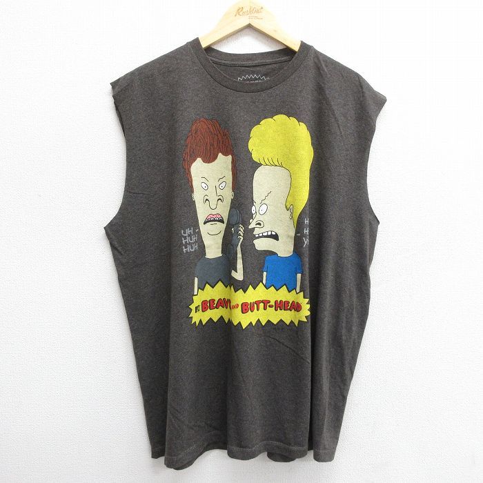 XL/古着 ノースリーブ Tシャツ メンズ MTV ピーバスアンドバットヘッド 大きいサイズ クルーネック 濃グレー 霜降り 24jul19 中古