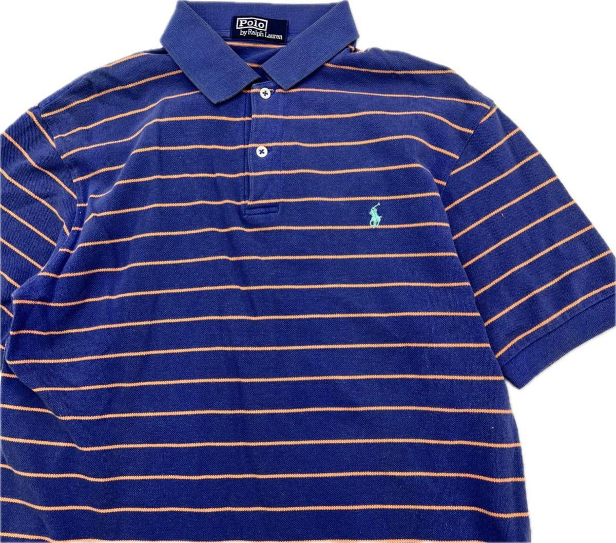 POLO RALPH LAUREN  ブルー オレンジ ボーダー 半袖 ポロシャツ ML相当 春夏 アメカジ ストリート 古着 人気 ポロラルフローレンFA269