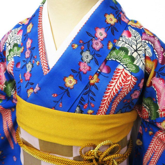 【豪華美品】紅型・藍型振袖  丈148 裄63 ちりめん 松 菖蒲 鳥 守礼門 豪華美品】紅型・藍型振袖 丈148 裄63 ちりめん 松 菖蒲 鳥 守礼