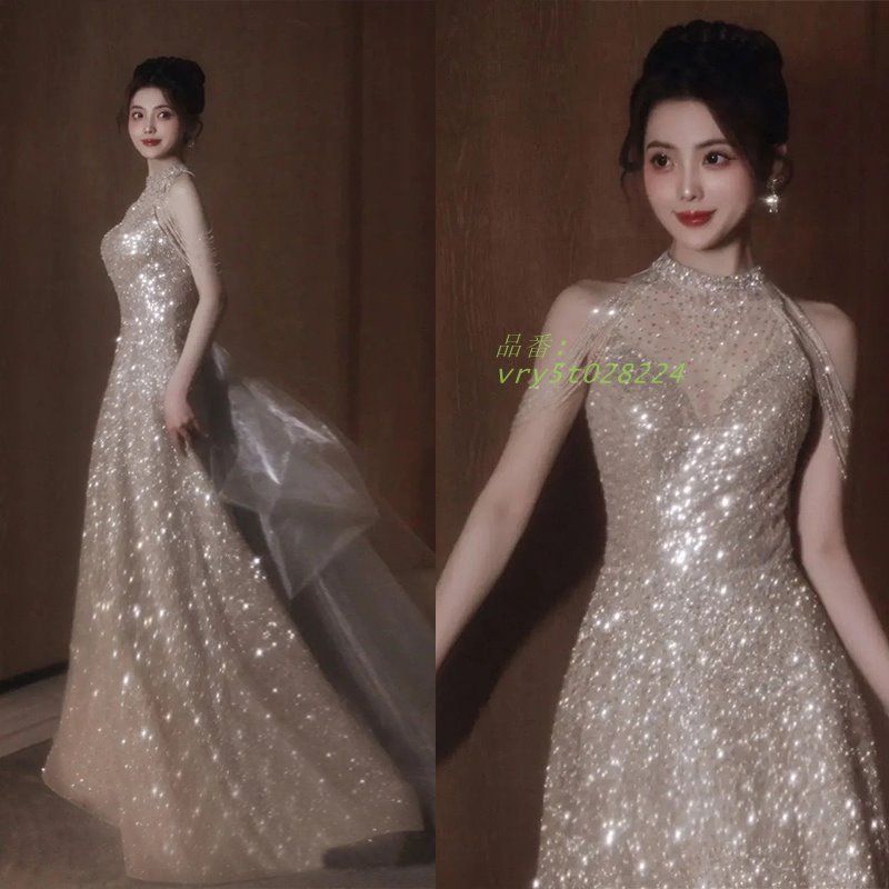 ドレス シャンパンゴールド ホルターネック スパンパーティードレス ロングドレス 結婚式 ウェディングドレス 花嫁 演奏会 ビーズ 二次会 発表会 vry5t028224