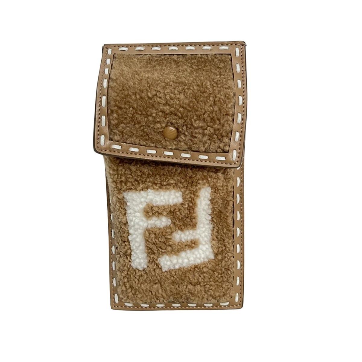 FENDI フェンディ 携帯電話ケース - 7AS047 ライトブラウン×白 フォンケース レザー ムートン