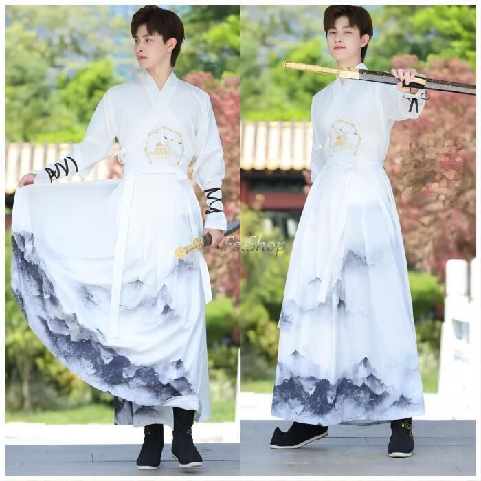 最短翌日配送。 漢服コスプレ服 メンズ舞台ステージダンス衣装 唐装2点セットアップ演出服レディース古代コスプレ衣装ホワイト大人用 長袖 交差襟コスプレ CS01011BJ