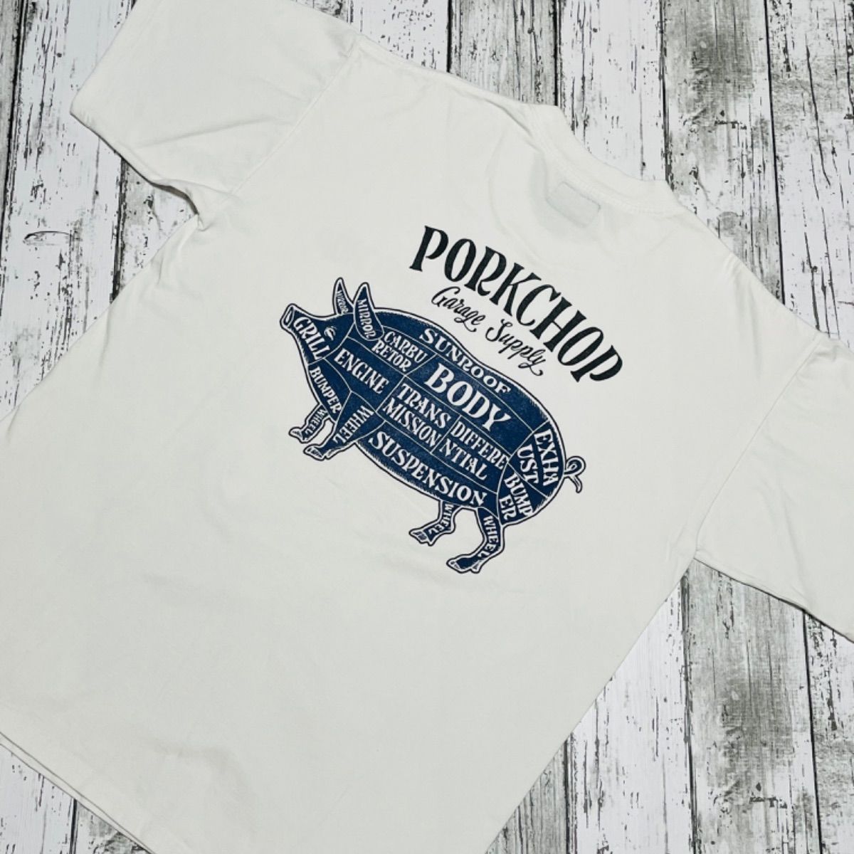 PORKCHOP バックプリントTシャツ ホワイト・ブルー L ポークチョップ 