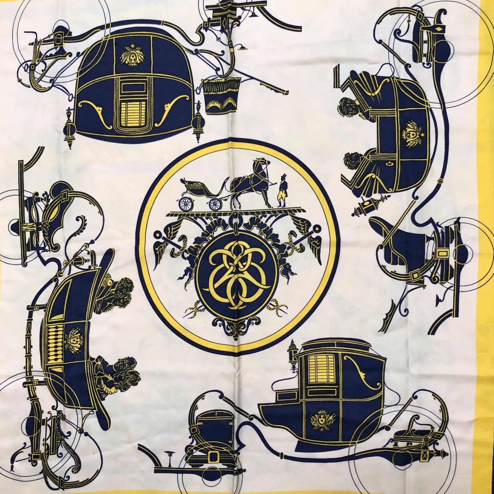 ☆HERMES☆ スカーフ 大判 馬車 ゴンドラ シルク イエロー ネイビー