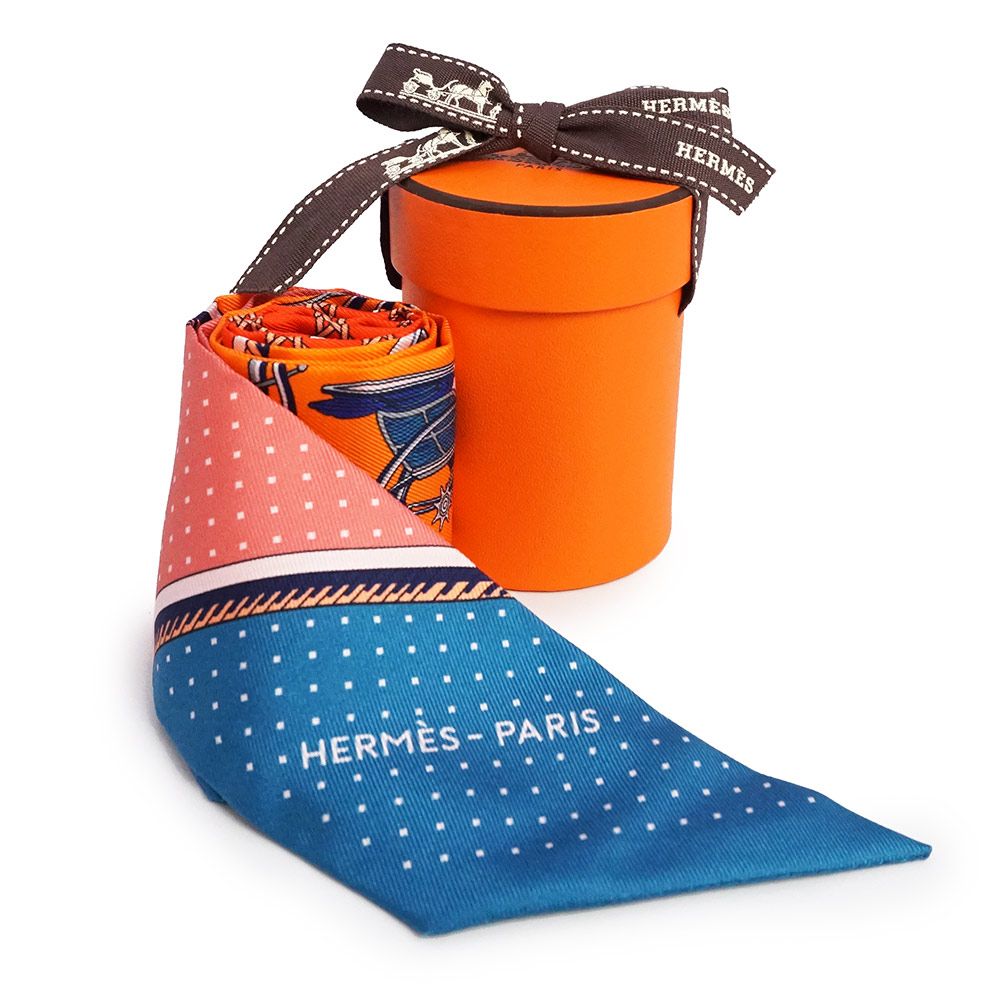 エルメス ツイリー Les Voitures a Transformation 折畳み式幌の馬車 リボン スカーフ シルク100% オレンジ コバルト ヴァーミリオン HERMES