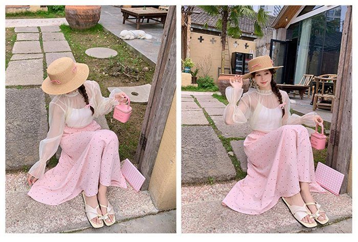 ロングスカート　夏ドット柄可愛いデート普段着涼しげスリット付き レディース 春 夏 水玉 ロングスカート ロング丈 ブラック