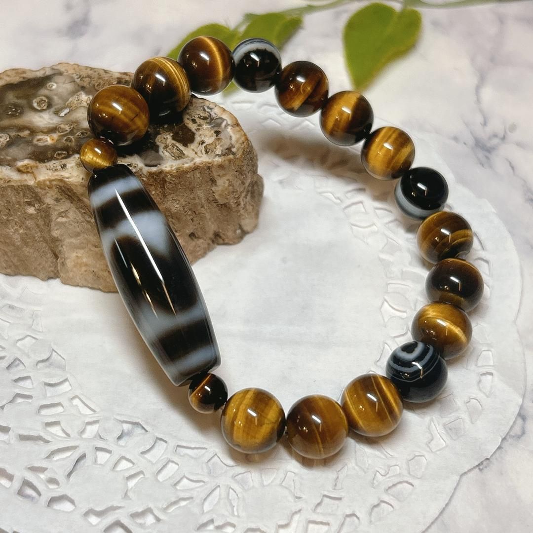 E16368】虎牙水紋 チベット天珠 ブレ スレット 天然 石アクセサリー