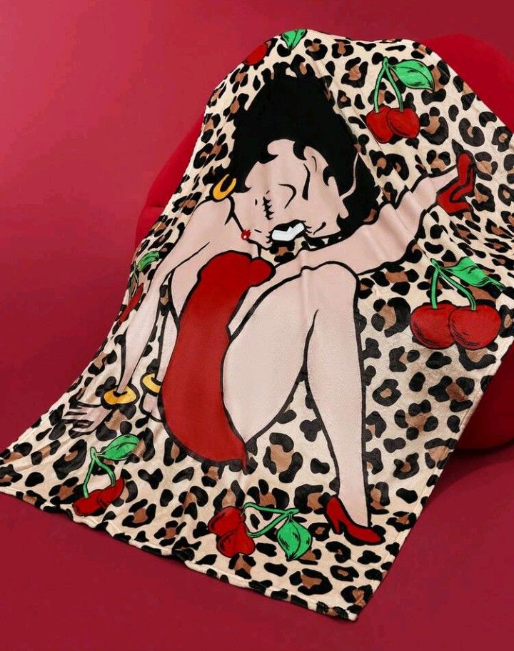 Betty Boop　ベティちゃん　ブランケット　大判　ひざ掛け　ベティブープ　ヒョウ柄　チェリー柄　さくらんぼ柄　可愛い　アメコミ　キャラクター　平成　レトロ　ギフト　プレゼント　海