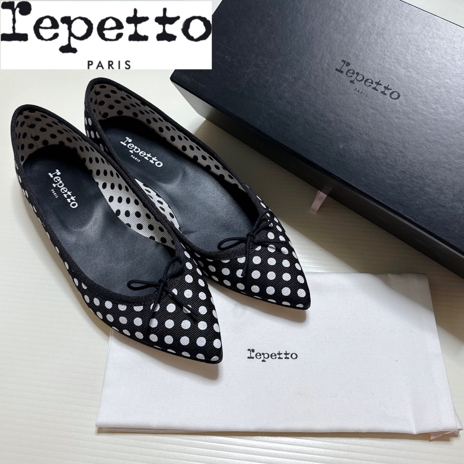 レペット Repetto バレエシューズ バレリーナ フラットシューズ サンダル パンプス ミュール リボン ドット柄 ポインテッドトゥ 黒 白  38.5 レーディス 靴 試着のみ 正規品 - メルカリ