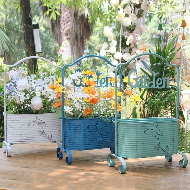 プランター 鉄製 花柄 耐久性のある金属 ヴィンテージ フラワーバスケット プランター 庭 家 植物スタンド レトロ 北欧 アメリカン ヴィンテージ ホワイト ブルー グリーン