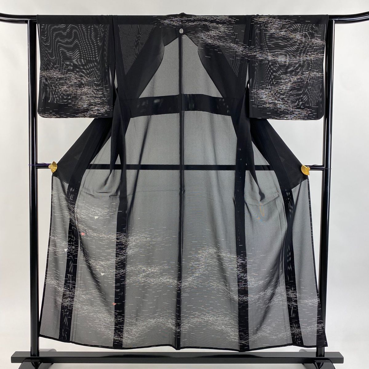 訪問着 身丈154.5cm 裄丈63cm S 薄物 絽 千鳥 霞 銀糸 刺繍 黒 正絹 名品 一つ紋