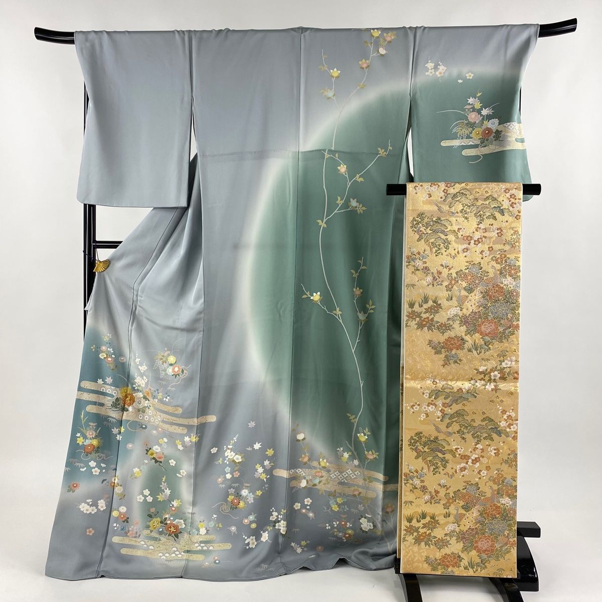 訪問着 身丈177cm 裄丈72.5cm L 袷 袋帯セット 落款 花筏 ヱ霞 金糸 金彩 青灰色 正絹 秀品