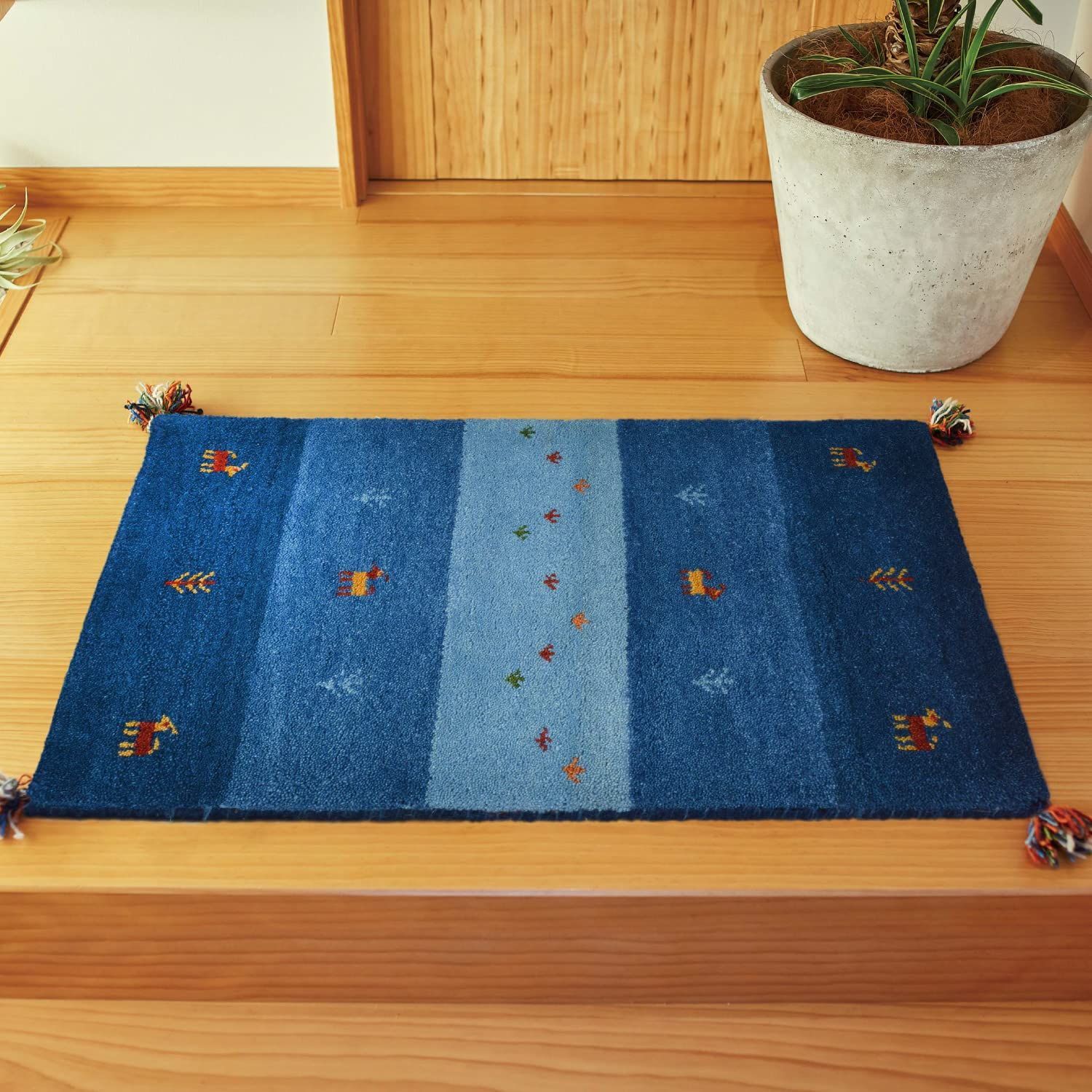 ブルー 萩原 ギャッベ ラグ マット 約70X120cm GABBEH D20 羊毛 手織り 厚手 270034635