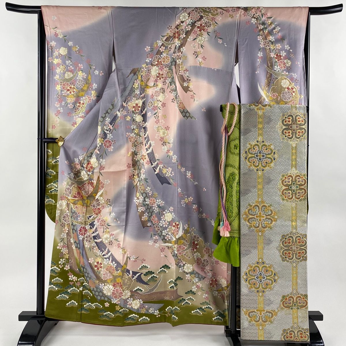 振袖 身丈162cm 裄丈64.5cm M 袷 袋帯フルセット 鶴 熨斗 金糸 金彩  