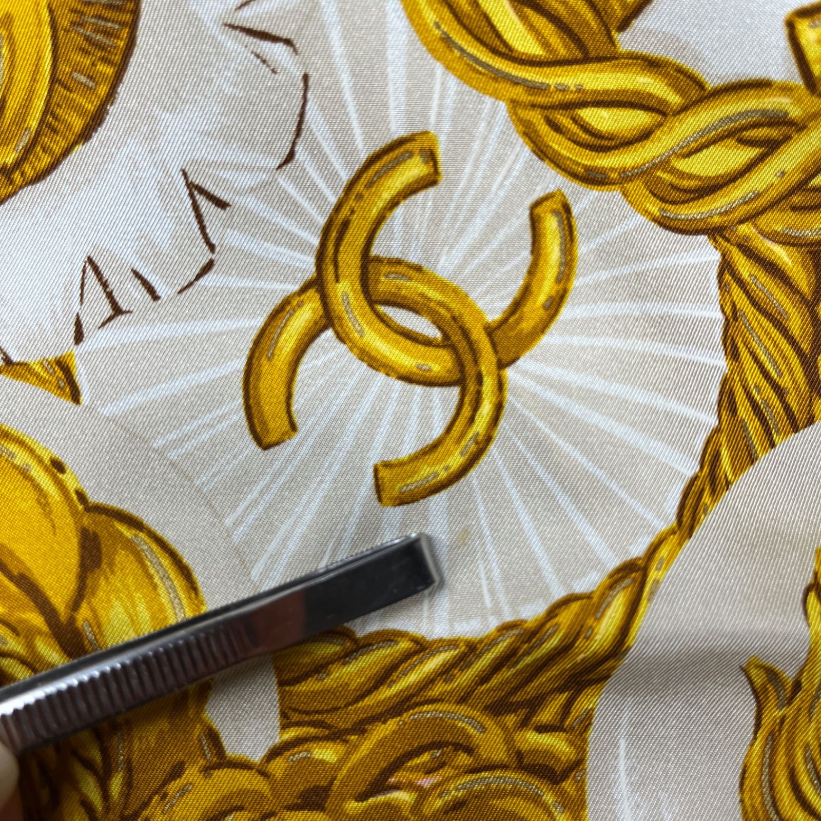 ○ 美品 シャネル ヴィンテージ クラシカル チェーン柄 シルク 大判