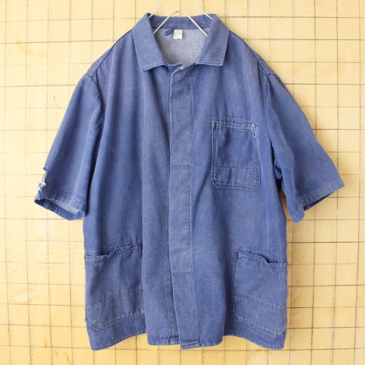 70s 80s EURO カットオフ リメイク ワーク ジャケット カバーオール メンズL相当 ネイビー ブルー ユーロ ヨーロッパ古着 050725ss29