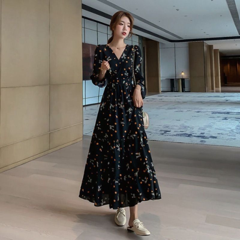 ティアードワンピース レディース 春 秋 花柄 夏 Vネック カシュクールワンピ フ ワンピース 長袖 Aライン ロングワンピ ハイウエスト