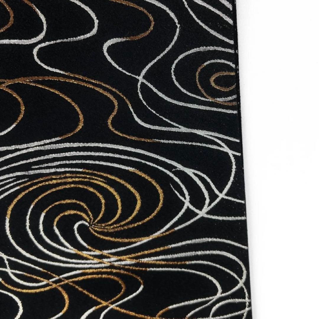 アウトレット 袋帯 全通 流線 渦巻き シルバー ブロンズ 黒地 着物 041a d