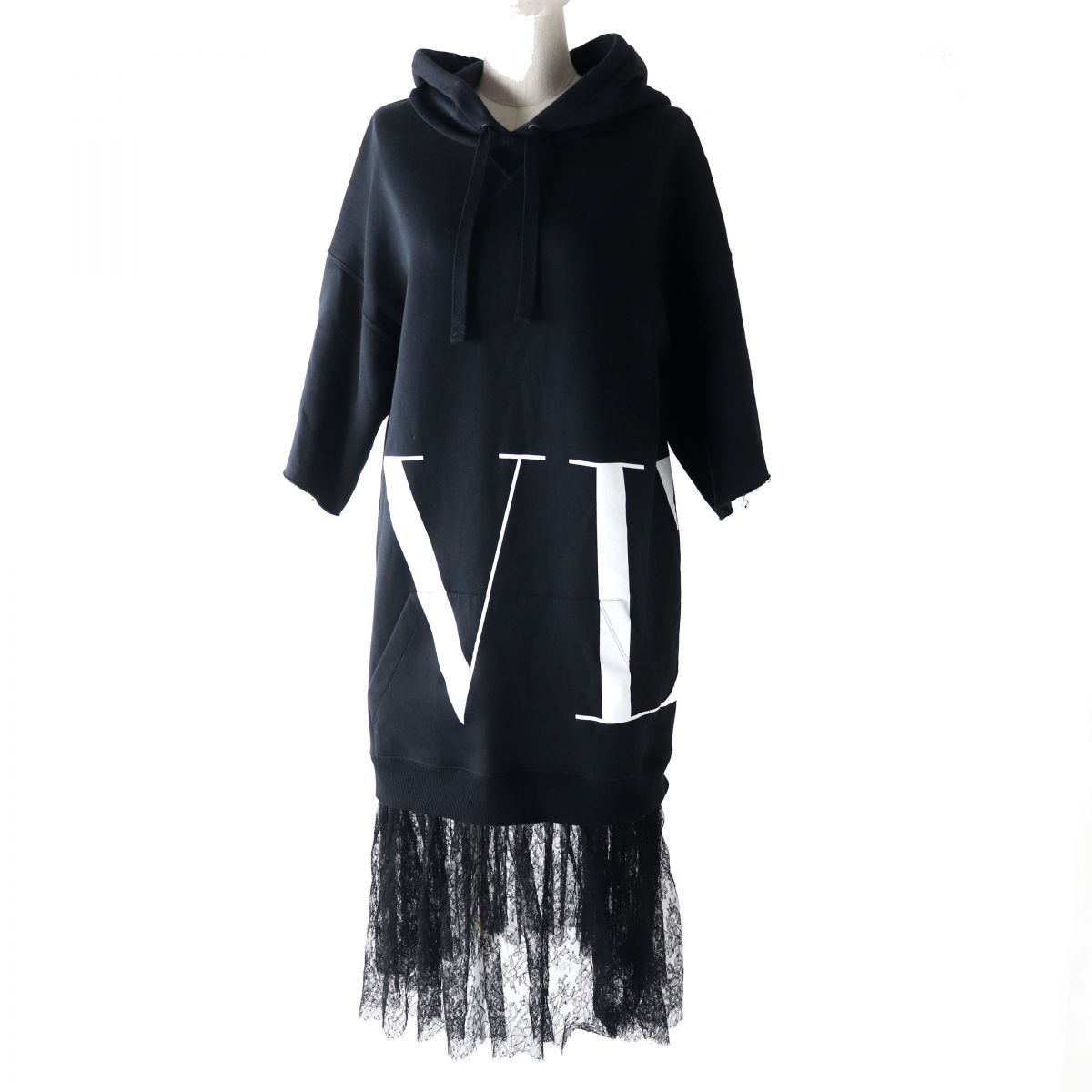 ◎ 伊製 VALENTINO ヴァレンティノ SB3MJ00J4TA レディース レース切替 VLTNロゴ ショートスリーブ パーカーワンピース 黒 M