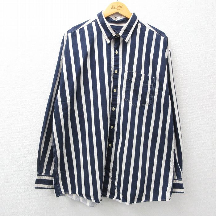 XL/古着 ジェイクルー J.CREW 長袖 ブランド シャツ メンズ 90s 大きいサイズ ロング丈 コットン ボタンダウン 紺他 ネイビー ストライプ 2