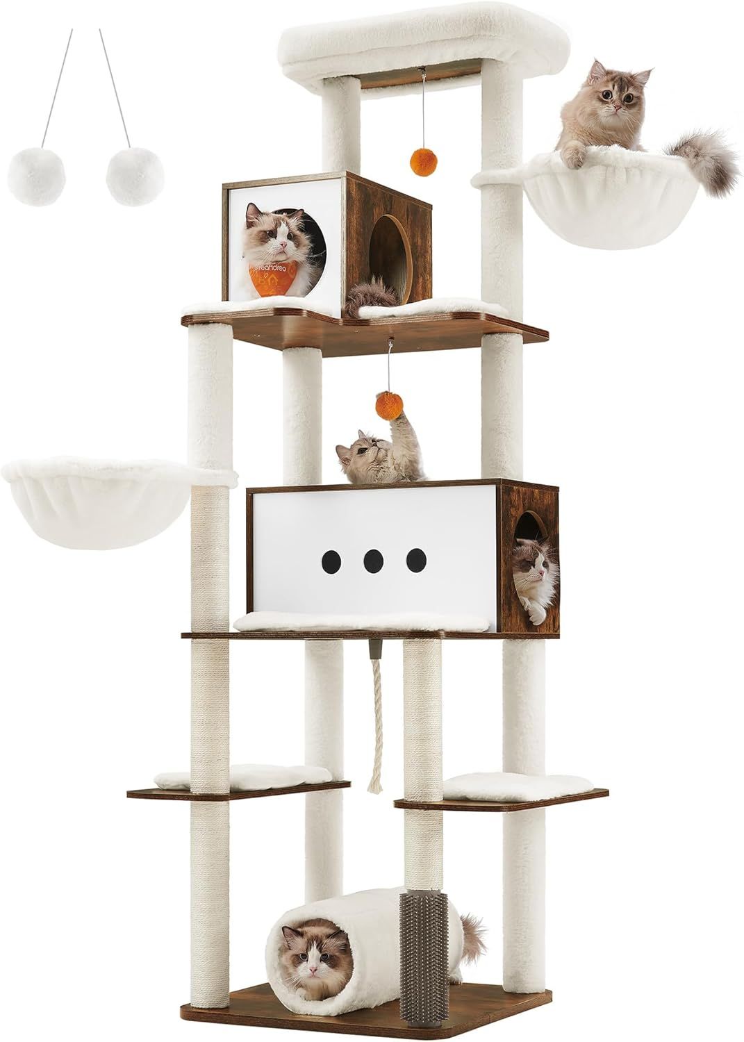 FEANDREA キャットタワー 木製 大型猫用 多頭飼い 角丸加工 掃除簡単 多ステップ 猫タワー 高さ197cm 据え置き型 爪とぎポール 見晴台 省スペース 高い安定性 オリジナルデザイン PCT193X01