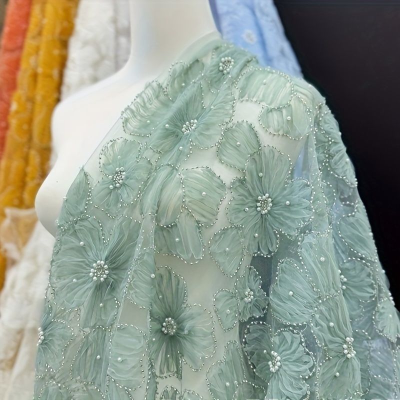 1ヤードの花柄刺繍レース生地3Dビーズスパンコールポリエステルレースウェディングドレス女性用イブニングガウン用