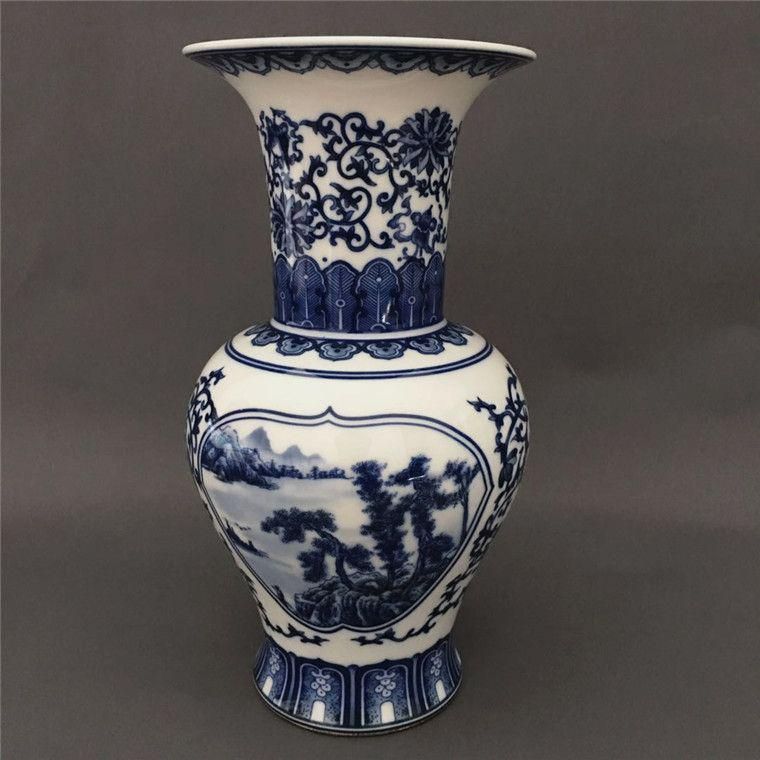 清三代鯖山水図花觚 景徳鎮  陶磁器 書斎の  装飾品 工芸品 美術品   置物 清三代鯖山水図花觚 景徳鎮 陶磁器 書斎の 装飾品 工芸品 美術品