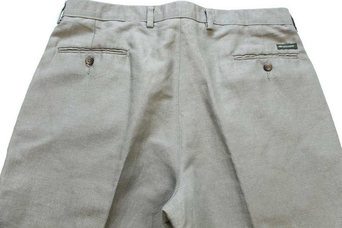 11月入荷 90s DOCKERSドッカーズ RELAXED FIT ツータック スラックス コットン×リネンパンツ グリーングレー W36 L34 Levi sリーバイス オールド