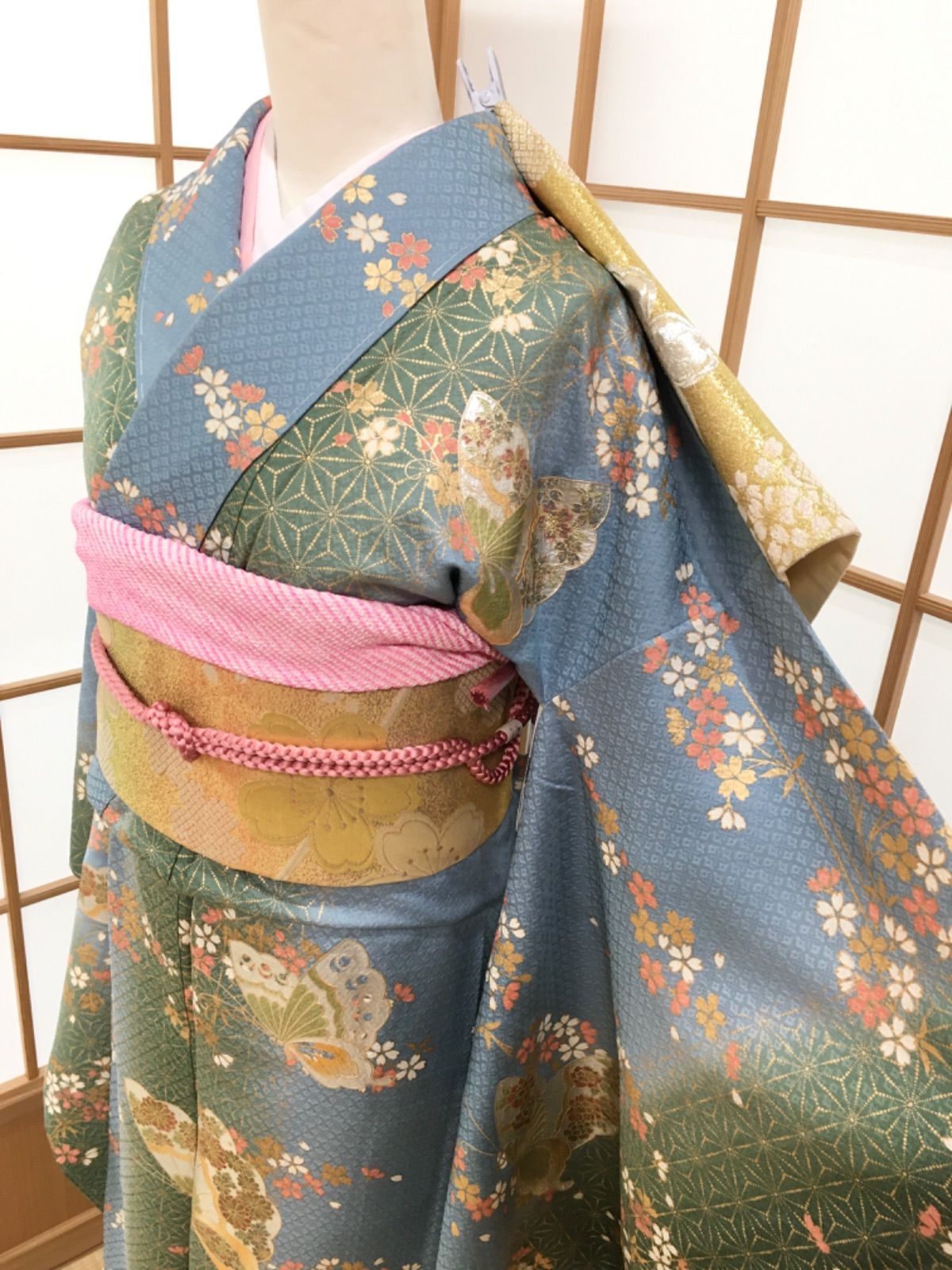 名古屋帯 無地 グラデーション 緑青色 PO-3223 袋帯 緑