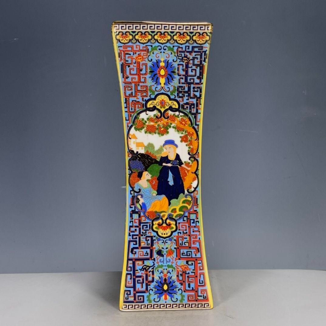 パステル仕女人物六方徳利 茶壺 景徳鎮 陶磁器 装飾品 現代工芸品 美術品 置物 パステル蒔絵人物四角い花瓶 景徳鎮 陶磁器 装飾品 工芸品 美術