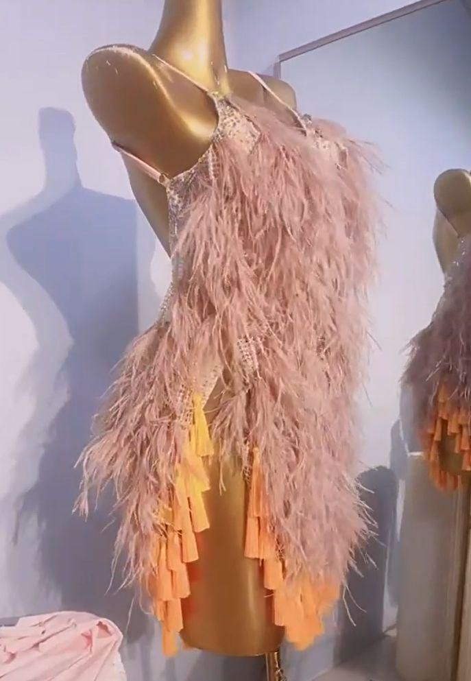 オーダーメイド 社交ダンス衣装 ラテンワンピースドレス 豪華 羽根 SML