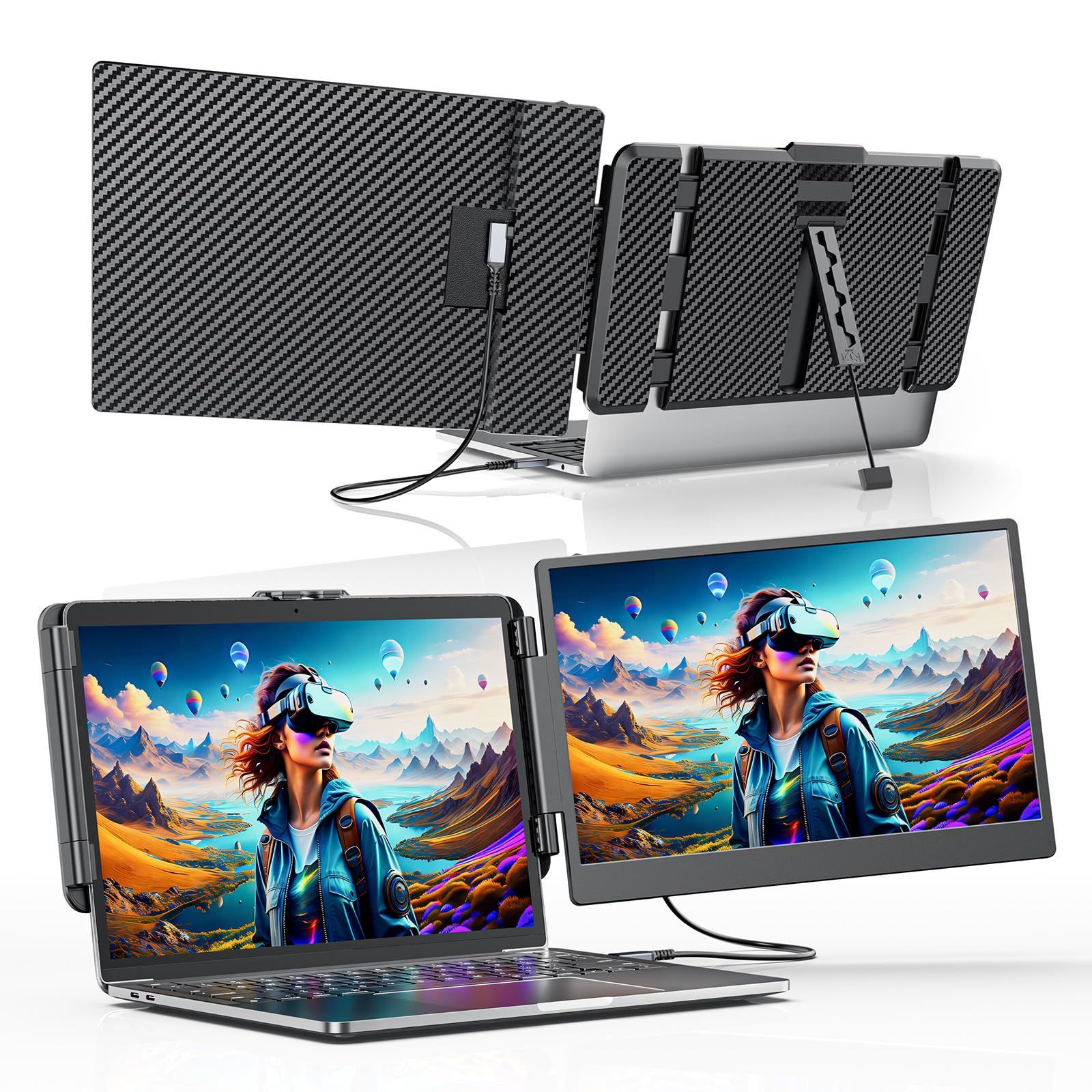 デュアルディスプレイ ダブルモニター 、120%sRGB 75%NTSC超広色域 14インチ FHDデュアルスクリーンノートパソコンディスプレイエクスパンダ、1080P IPSノートパソコンディスプレイエクスパンダデ