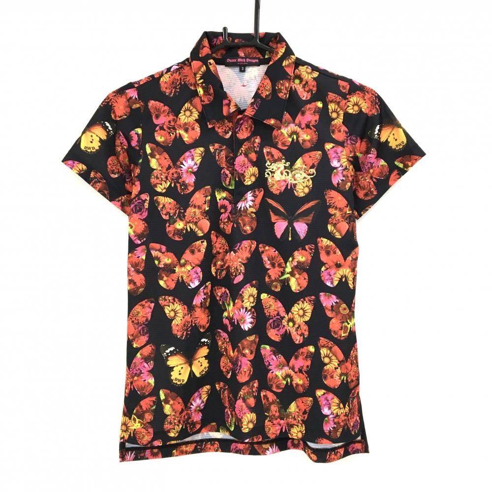 超 ダンスウィズドラゴン 半袖ポロシャツ 黒×レッド 蝶々柄 花柄 レディース 3 L ゴルフウェア Dance With Dragon