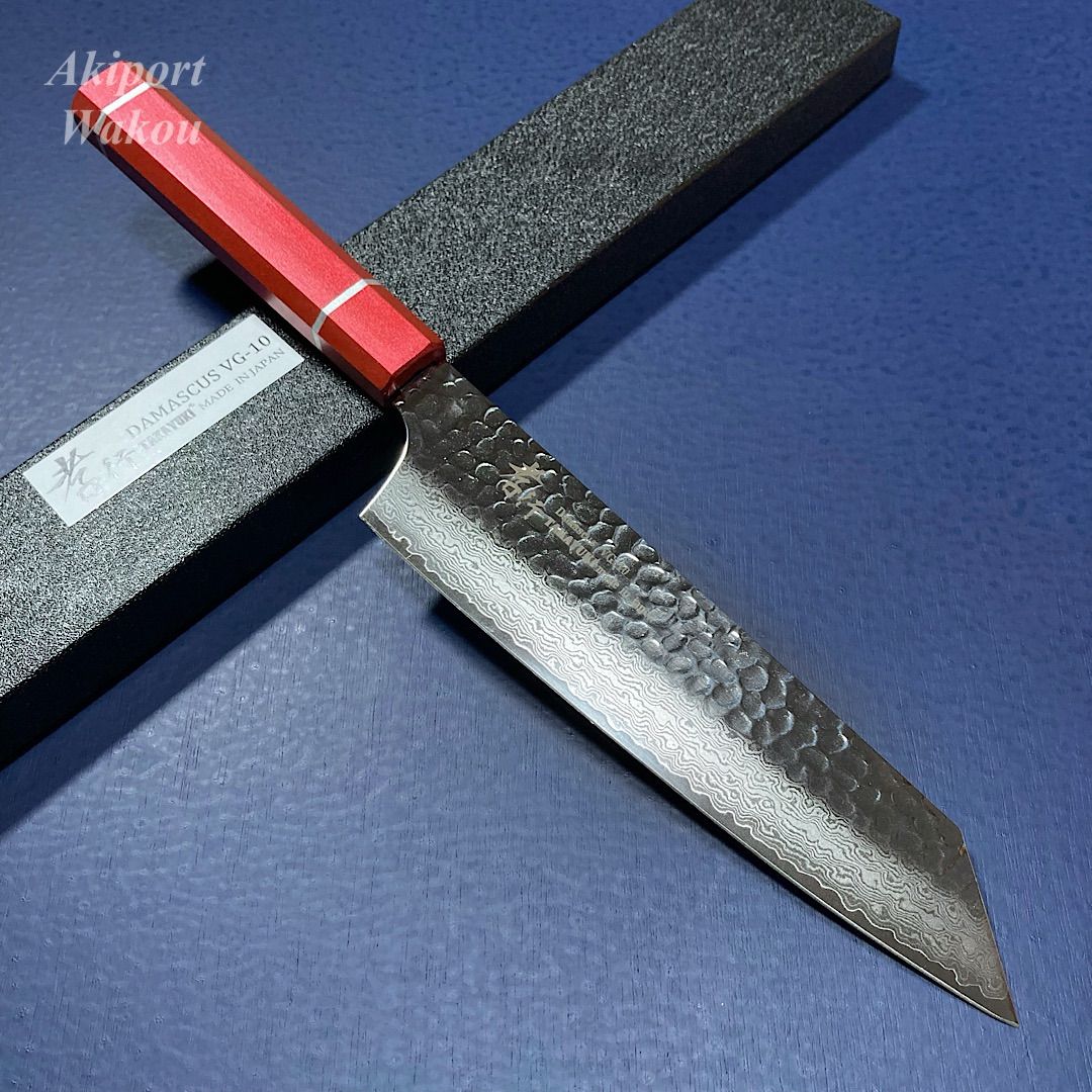 堺孝行 剣型牛刀 包丁 和牛刀 190mm 皇赤柄 樫漆柄 VG10 V金10号 33層槌目ダマスカス 錆びにくくよく切れる