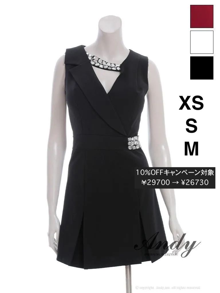 ブラック AN-OK2998 XSサイズあり ANDY アンディ 襟付き アシンメトリー バストカットアウト ビジュー ノースリーブ ボックスプリーツ Aライン フ ワンピース ミニドレス キャバドレス